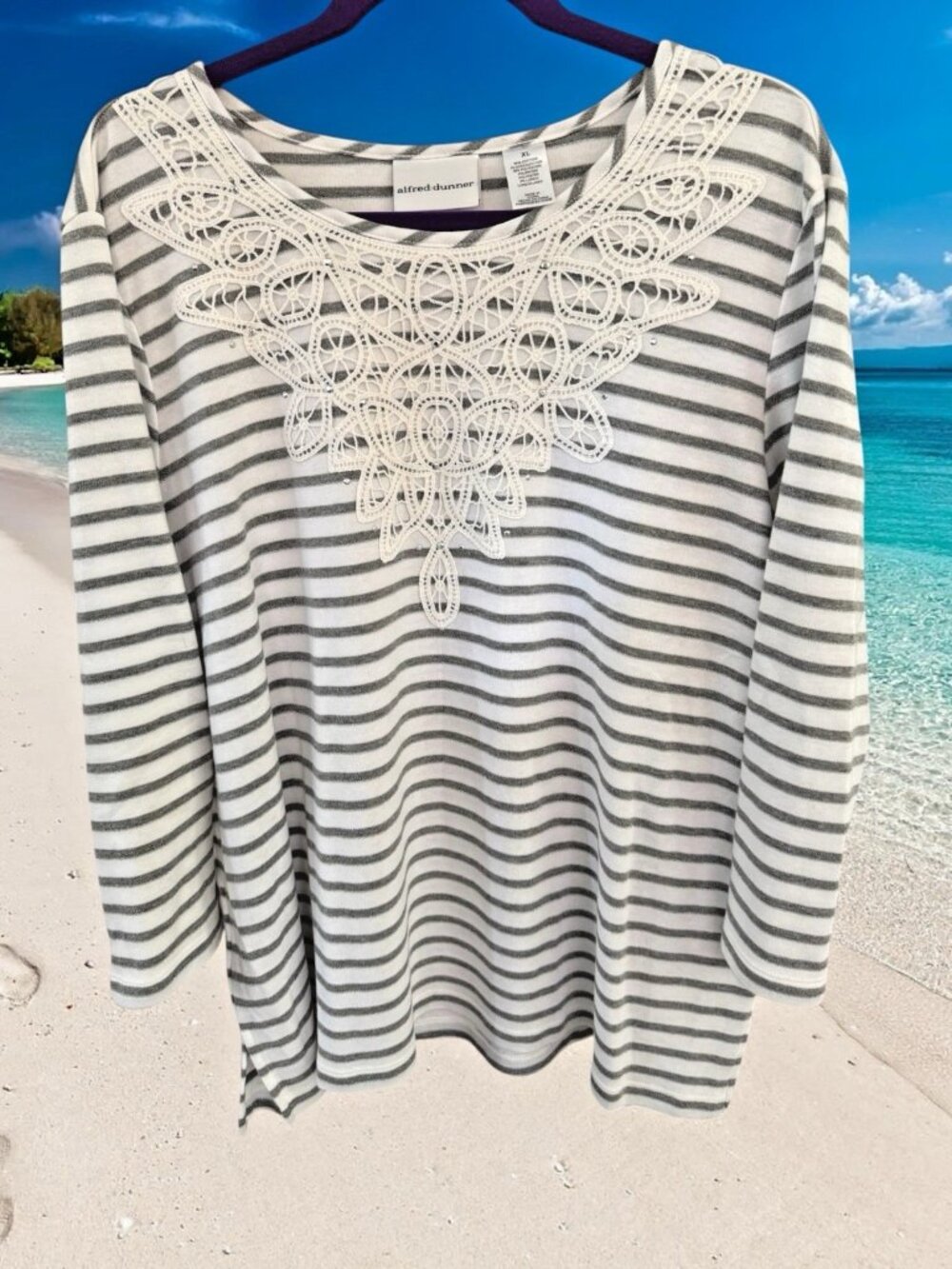 Alfred Dunner Gray & White Stripe 3/4 Sleeve Crochet Lace Chest Top-Size XL